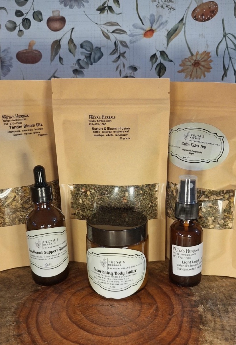 The Nurtured Bloom Collection: teas, infusions, glycerite, body butter, liniment, and sitz blend